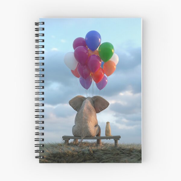 Aperçu de l'œuvre Un éléphant et un chien sont assis dans la prairie avec des ballons gonflés à l'hélium. créée et vendue par Mike Kiev art.