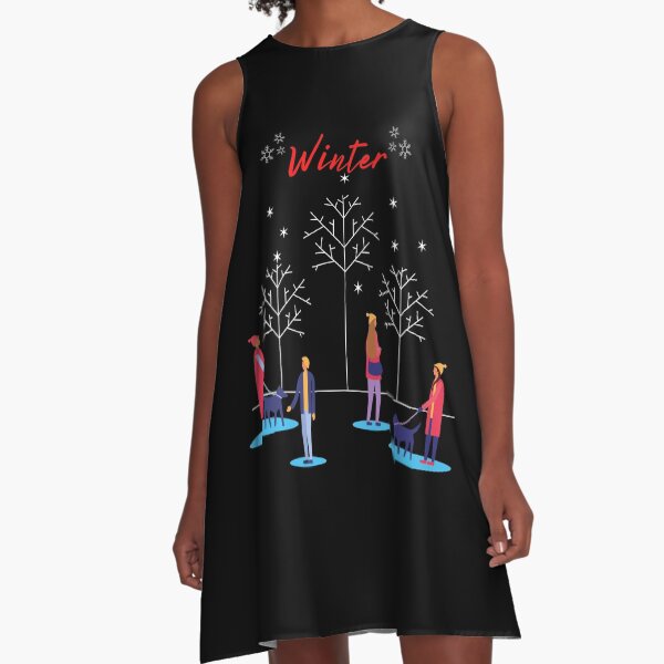 Winter - Dogs and People in the Snow A-Line Dress