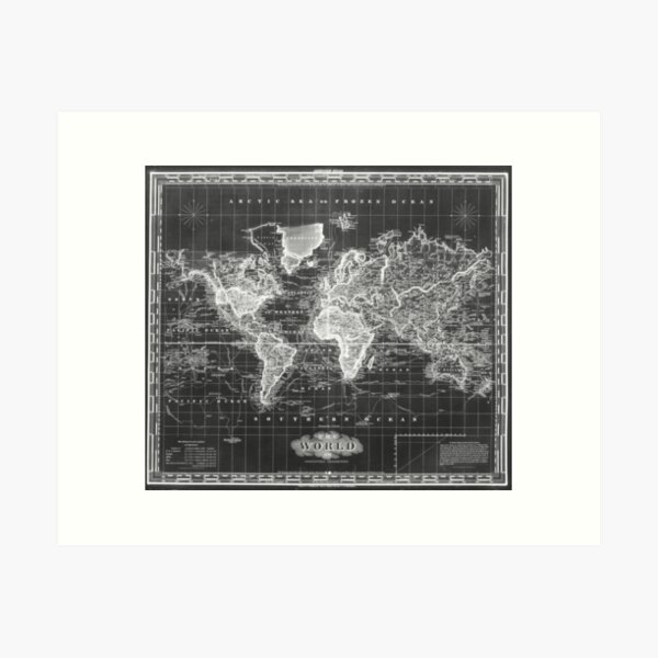 Vista previa del artículo con la obra «Mapa vintage del mundo (1833) blanco y negro», diseñado y vendido por BravuraMedia.