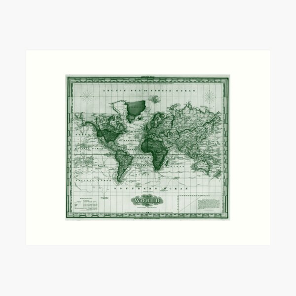 Vista previa del artículo con la obra «Mapa antiguo del mundo (1833) blanco y verde», diseñado y vendido por BravuraMedia.