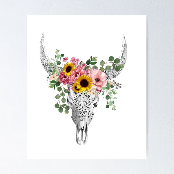 Item preview,  Watercolor Skull and Crown pink yellow rose and sunflowers designed and sold by Collagedream.