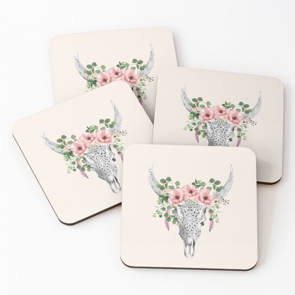 Item preview, Watercolor Skull and Crown pink rose and  eucalyptus leaves and feathers designed and sold by Collagedream.