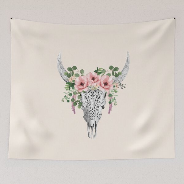 Item preview, Watercolor Skull and Crown pink rose and  eucalyptus leaves and feathers designed and sold by Collagedream.