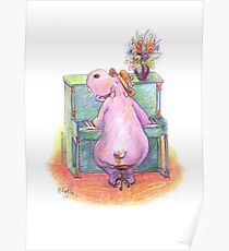 Hippo playing the Piano Pencil Drawing of Music Animal Poster