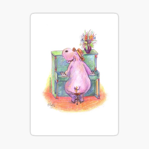 Hippo playing the Piano Pencil Drawing of Music Animal Sticker