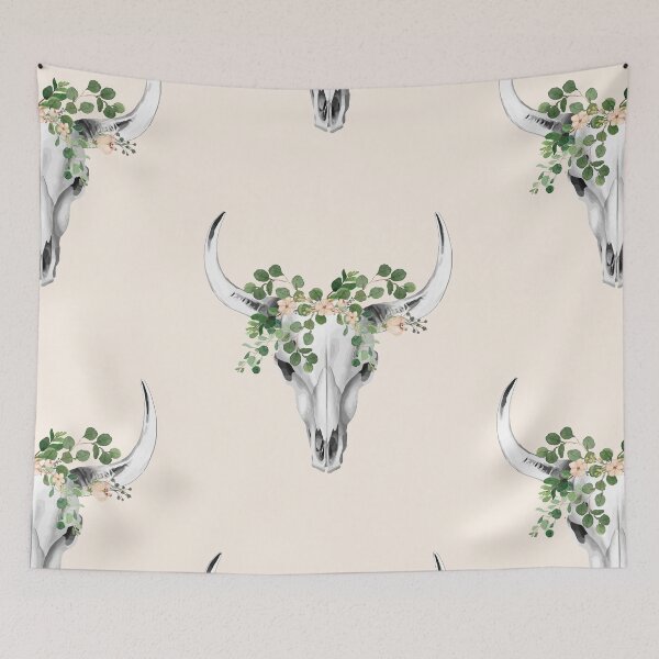 Item preview, Cow Skull and Crown eucaliptus leaves and little flowers designed and sold by Collagedream.