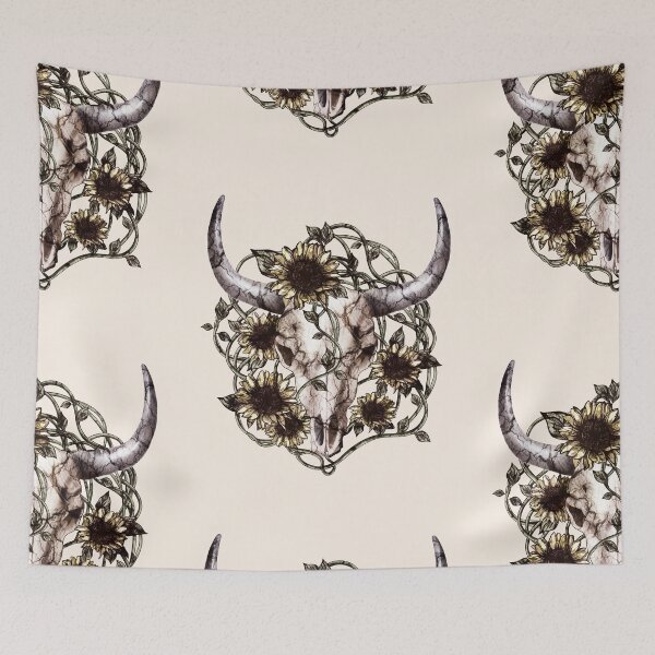 Item preview, Cow Skull and Crown leaves and sunflowers, vintage style designed and sold by Collagedream.