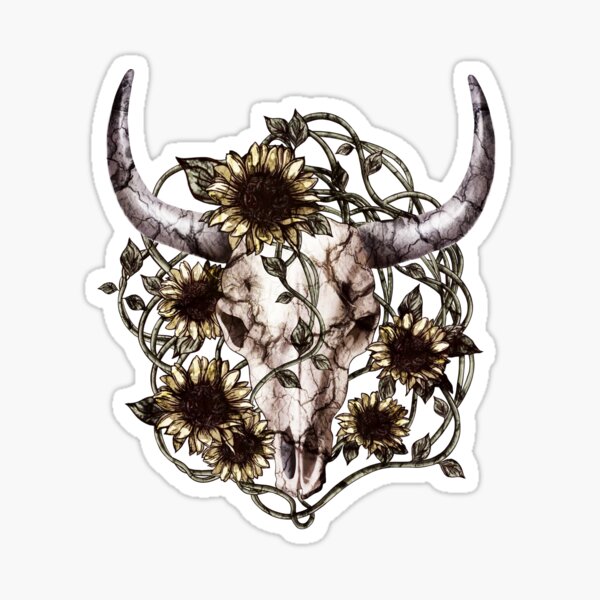 Cow Skull and Crown leaves and sunflowers, vintage style Sticker
