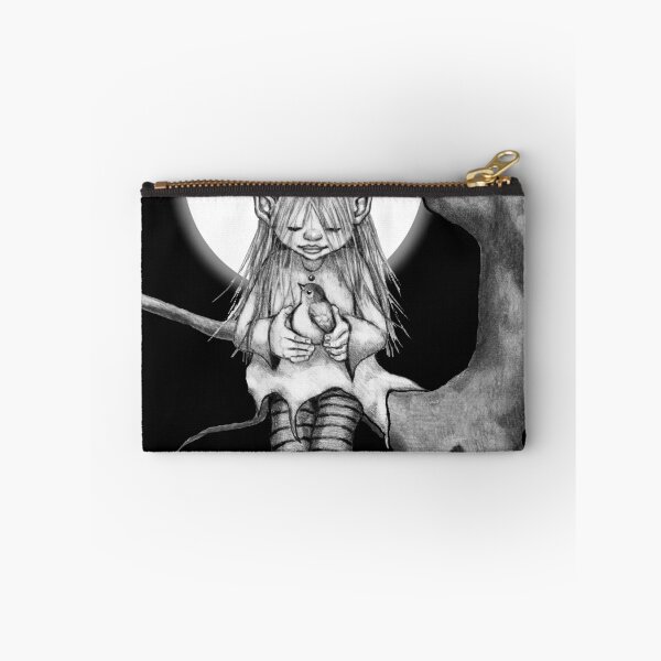 Item preview, Pixie Girl Sitting in Tree with Full Moon Pencil Art on Black designed and sold by JoyfulWhimsy.