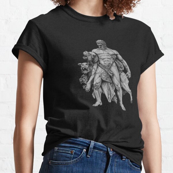 Drawing of Hercules capturing Cerberus for black and dark background Classic T-Shirt