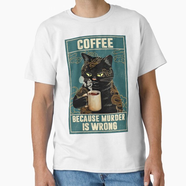 Vista previa del artículo con la obra «Café con tatuaje de gato porque el asesinato está mal», diseñado y vendido por Akubar.