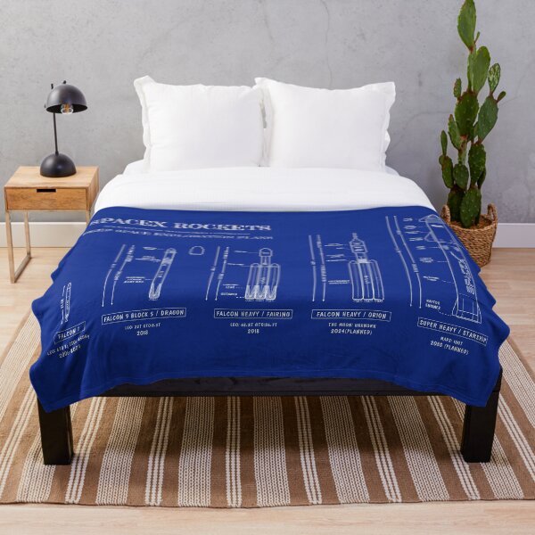 SPACEX Rockets Blueprint (White Stencil-No Background) Throw Blanket