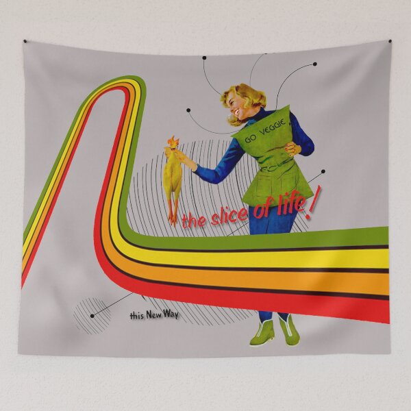 Item preview, Retro Style Collage Vegetarian Girl with Rainbow and Chicken designed and sold by KALEIDOSCOPE UK.