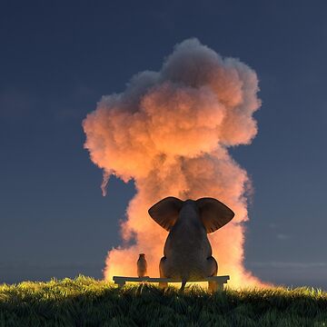 Artwork thumbnail, elephant and dog look at the explosion cloud by Mike Kiev art