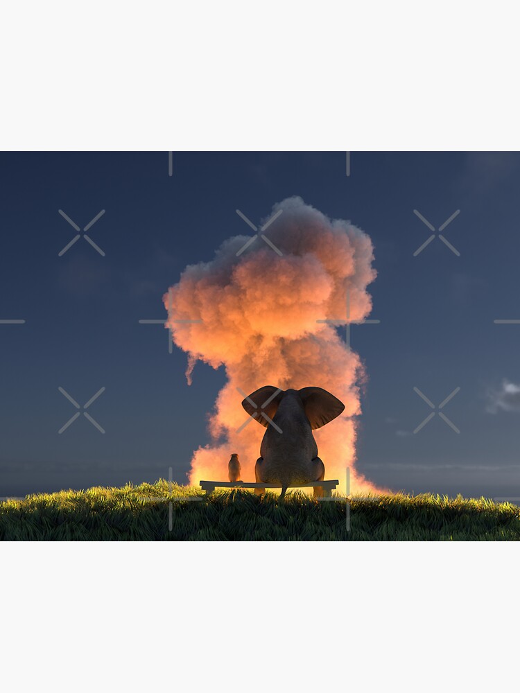 Thumbnail 3 of 3, Sticker, elephant and dog look at the explosion cloud designed and sold by mikekiev.