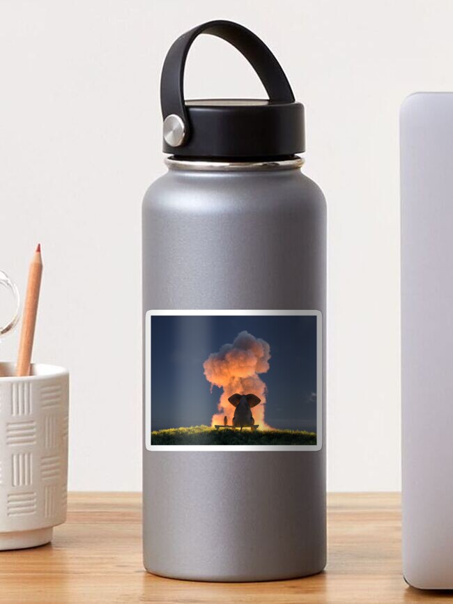 Thumbnail 1 of 3, Sticker, elephant and dog look at the explosion cloud designed and sold by mikekiev.