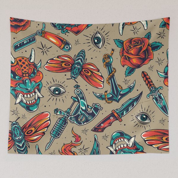 Item preview, Vintage colorful tattoos seamless pattern art designed and sold by AznavourByKarin.