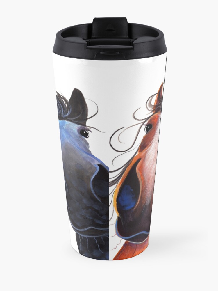 Alternate view of HaPPY HoRSe PRiNT ' WHo LeFT THe GaTe OPeN ? ' BY SHiRLeY MacARTHuR Travel Mug