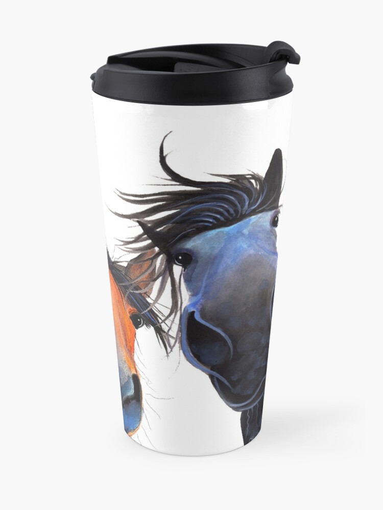 Alternate view of HaPPY HoRSe PRiNT ' WHo LeFT THe GaTe OPeN ? ' BY SHiRLeY MacARTHuR Travel Mug