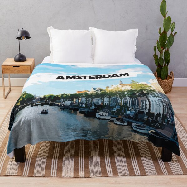Artikelvorschau, Amsterdam Skyline | Stadt Skyline Illustration | Blauer Himmel mit Wolken über dem Amsterdamer Kanal und ikonischen Gebäuden Aquarelleffekt entworfen und verkauft von Ainbowz-Artwork.