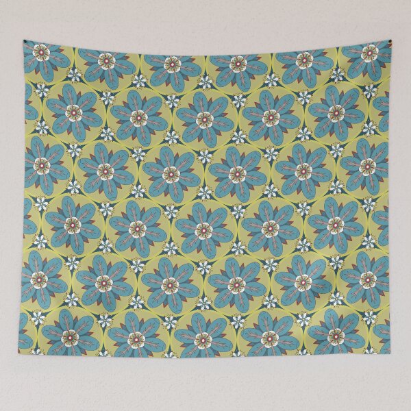 Item preview, Geometric pattern of blue rosette flowers on green circles designed and sold by colorofmagic.