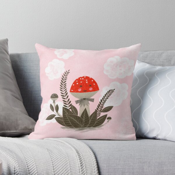 red mushroom in pink sky clouds illustration Throw Pillow