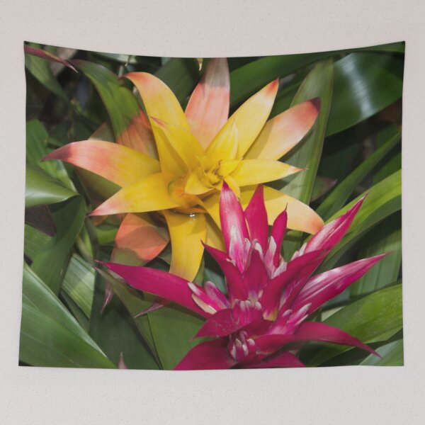 Item preview, two large exotic flowers pink and yellow on a background of green foliage designed and sold by nataliavavilina.