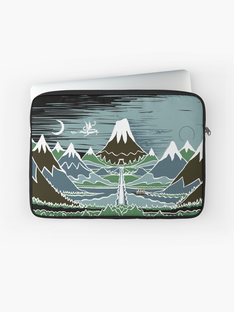 Thumbnail 1 of 2, Laptop Sleeve, A Halflings journey on a mountain path through an elven wood in the style of J.R.R.Tolkien designed and sold by Designwebjae.