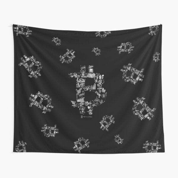 Bitcoin infographic logo in white on black background. Tapestry