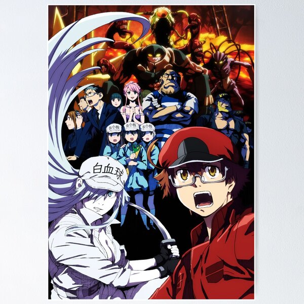 Póster de Hataraku Saibou Chan con plaquetas de anime y dibujos