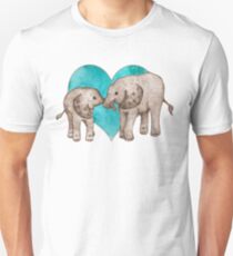 Baby Elephant Love - sepia on teal watercolour Unisex T-Shirt
