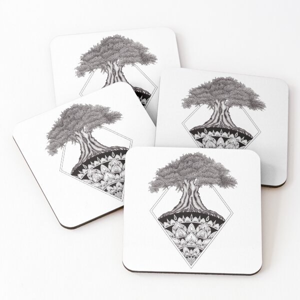 Item preview, A fat chunky tree growing on a pen and ink dotwork mandala. designed and sold by René Voortwist Pen and Ink art.
