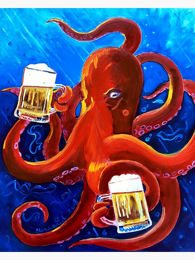 "Octopus Painting, Red Octopus Drinking Beer, Animals and Beer, Octopus
