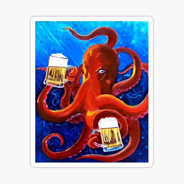 Octopus Painting, Red Octopus Drinking Beer, Animals and Beer, Octopus Art, Dining Room Painting, Funny Beer Poster, Man Cave Bar Beer Decor Sticker