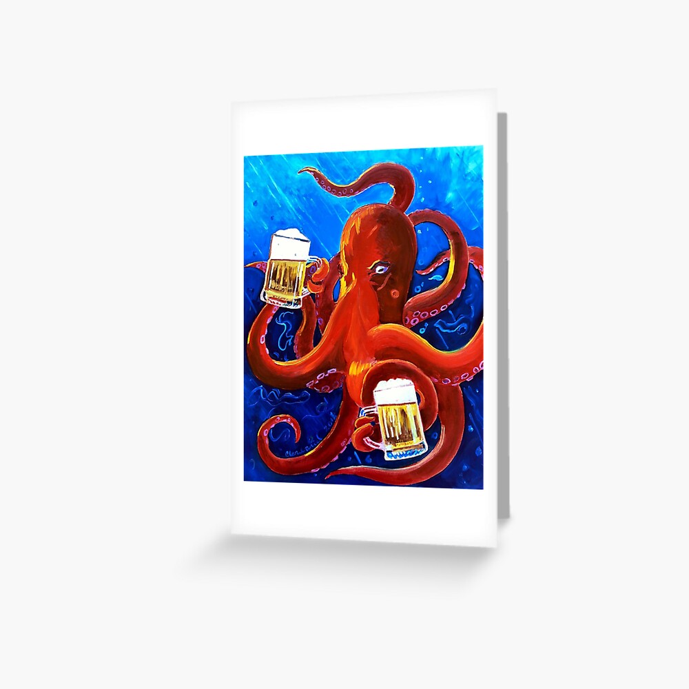 "Octopus Painting, Red Octopus Drinking Beer, Animals and Beer, Octopus
