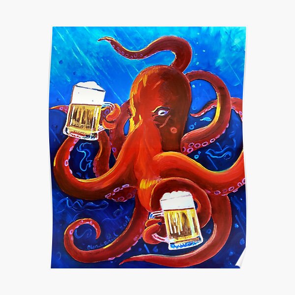 Octopus Painting, Red Octopus Drinking Beer, Animals and Beer, Octopus Art, Dining Room Painting, Funny Beer Poster, Man Cave Bar Beer Decor Poster