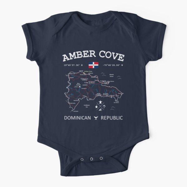 Dominican Republic Flag Travel Map Amber Cove Coordinates Roads Rivers and Oceans White Short Sleeve Baby One-Piece