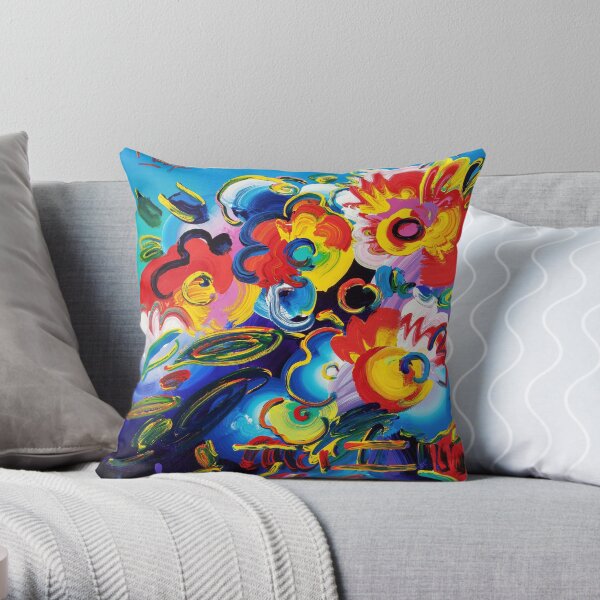 PETER MAX FLOWER VASE OIL CANVAS PAINTING - HIGH RESOLUTION Throw Pillow
