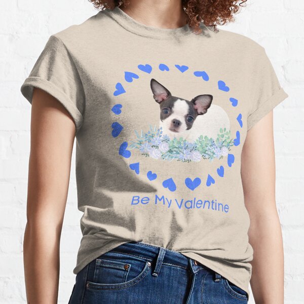 Blue Be My Valentine Circle of Blue Hearts with Black and White Chi Pup Classic T-Shirt
