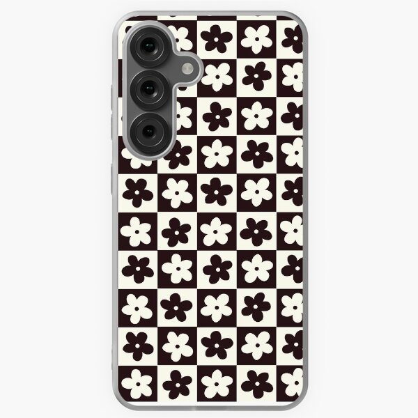 Vista previa del artículo con la obra «Cuadrados a cuadros en blanco y negro con flores», diseñado y vendido por xxroseate.