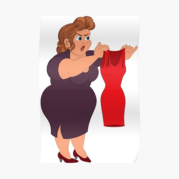 Cartoon fat woman in purple dress holding small red dress