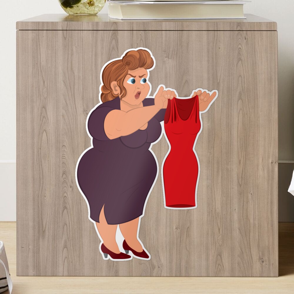 Cartoon fat woman in purple dress holding small red dress