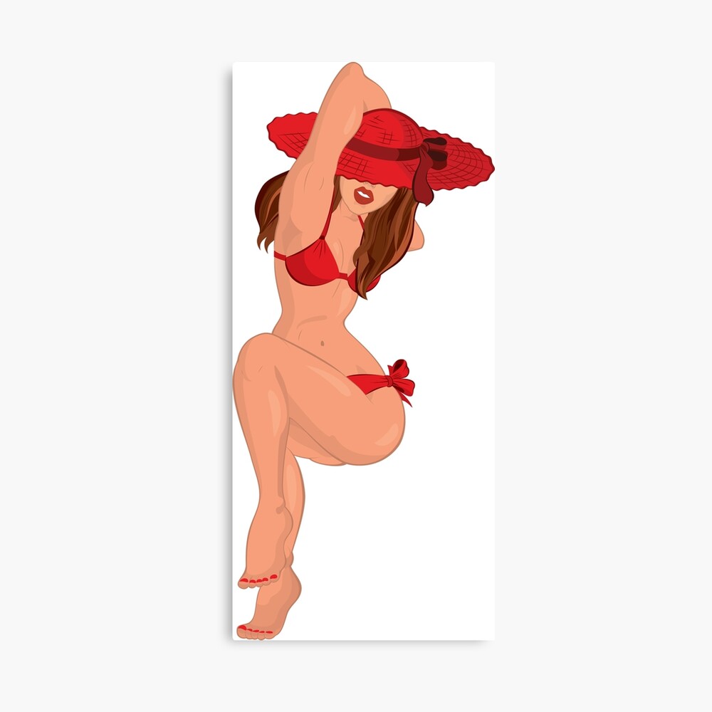 Cartoon young sexy woman in red swimsuit and hat sitting