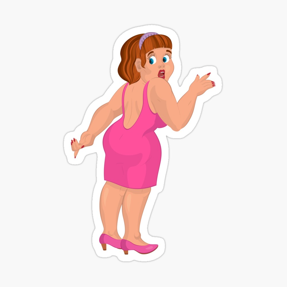 Cartoon overweight young woman in pink dress back view