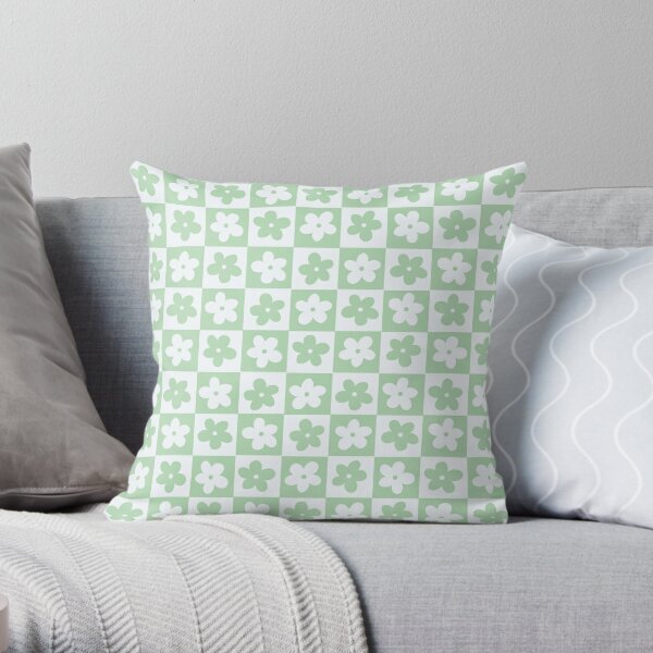 Light Pastel Green and White Checkered Squares with Flowers Throw Pillow