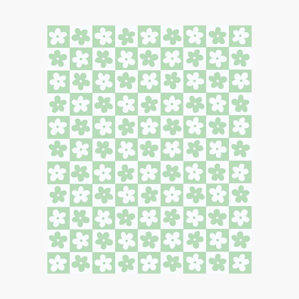 Light Pastel Green and White Checkered Squares with Flowers Photographic Print