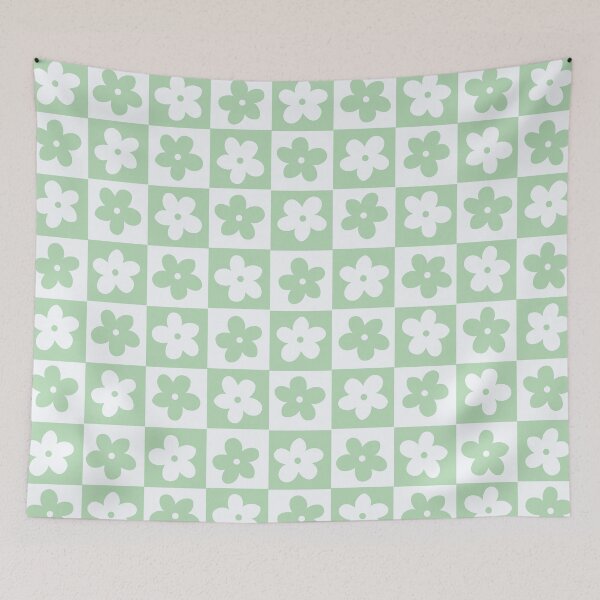 Item preview, Light Pastel Green and White Checkered Squares with Flowers designed and sold by xxroseate.