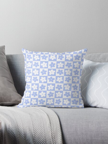 Periwinkle and White Checkered Squares with Flowers Throw Pillow