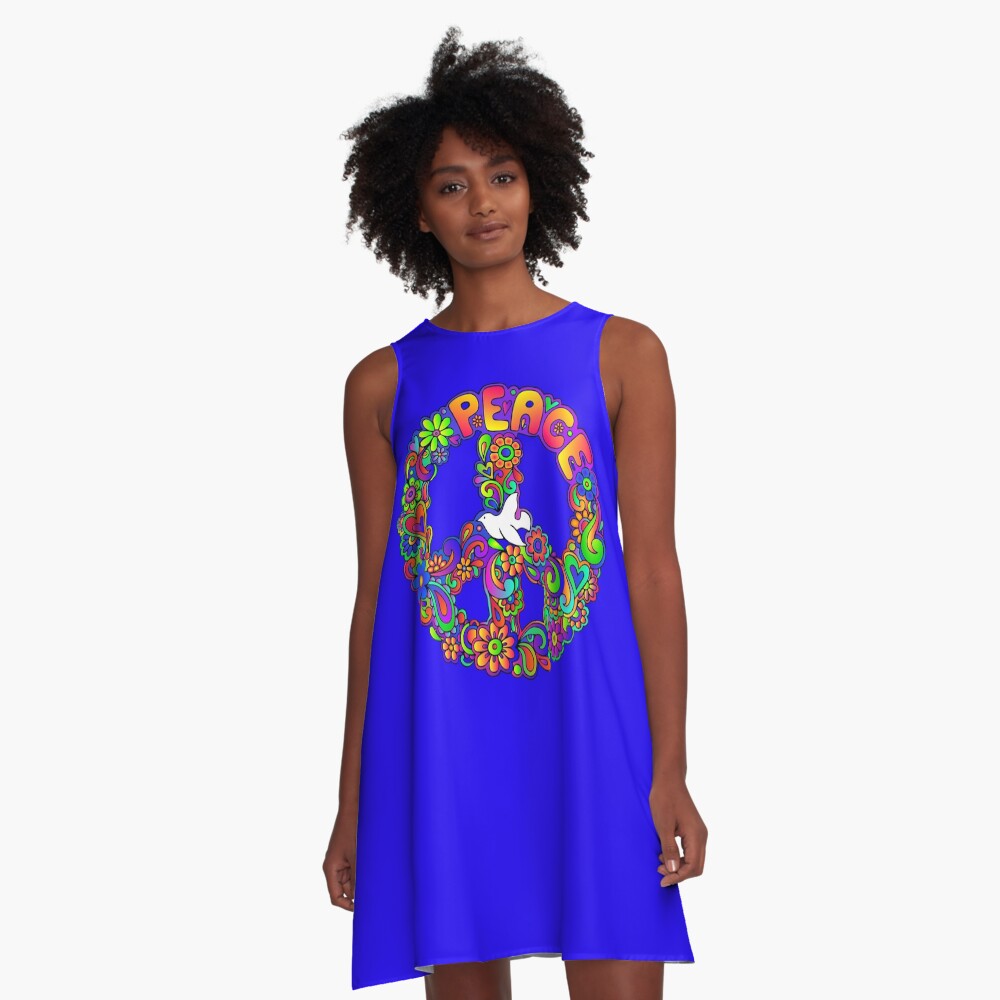 Flower Power Retro Hippie Peace Symbol A-Line Dress