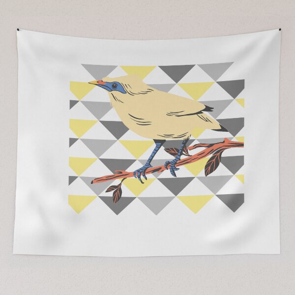 Item preview, yellow starling bird on abstract yellow and grey background designed and sold by Atleta-Cali.